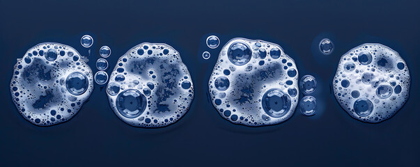 Wall Mural - Set foam soap bubble isolated on dark blue background top view.