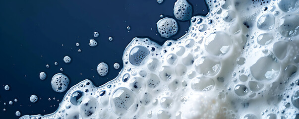 Wall Mural - Set foam soap bubble isolated on dark blue background top view.