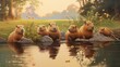 A group of capybaras lounging lazily by a lush riverside, with one capybara partially submerged in the water, reflecting a tranquil and sociable wildlife scene, ideal for nature and animal themes