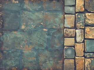 Poster - Textured blue stone wall with weathered turquoise blocks.