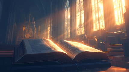 Poster - The Christian church is the blurred background, the stairs lead to a door, there are some books on the stairs, there is an enchanted book glowing, love and hope, the background is sunlight and bokeh, 