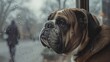 An English bulldog rests its graying muzzle on the windowpane, fretful gaze fastened on a solitary figure traversing the urban park, eager haunches betraying its burning desire to greet its most treas