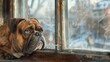 An English bulldog rests its graying muzzle on the windowpane, fretful gaze fastened on a solitary figure traversing the urban park, eager haunches betraying its burning desire to greet its most treas