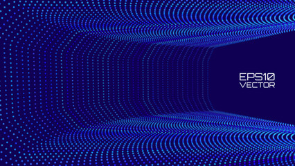 Fototapete - Data Flow Particles Blue 3D Grid Tunnel. Grid Frame Retrowave Background. Tunnel Mesh Backdrop. Abstract Digital Background. Vintage Computer Virtual Reality VR Tunnel Technology Vector Illustration.
