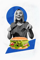 Canvas Print - Vertical photo collage of happy excited blonde girl hold fork knife ready eat hamburger food diet carbs isolated on painted background