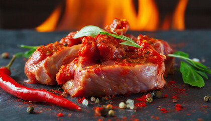 Close-up of raw marinated pork. Spicy marinade. Fresh meat pieces for BBQ. Culinary concept.