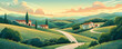 A picturesque countryside landscape with winding country roads and quaint farmhouses nestled amidst rolling fields. Digital art style vector flat minimalistic isolated illustration.