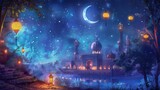 Fototapeta Sport - Vibrant digital painting depicting the spirit of Laylat al-Qadr with a tranquil night scene and glowing lanterns