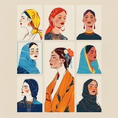 Wall Mural - Set of muslim women illustration. Female modern hijab headscarf dress outfit. Avatar profile pictures