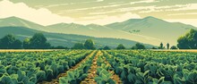 Farmers Tending Fields Border, Agricultural Summer Sales Banner, Earthy Tones And Green Crops