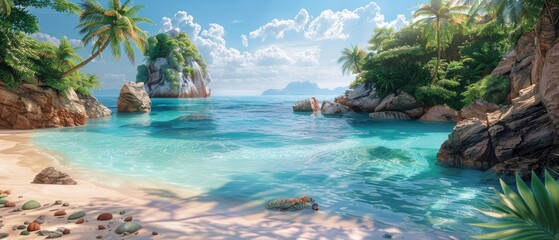 A beach scene with two lounge chairs on the sand by AI generated image