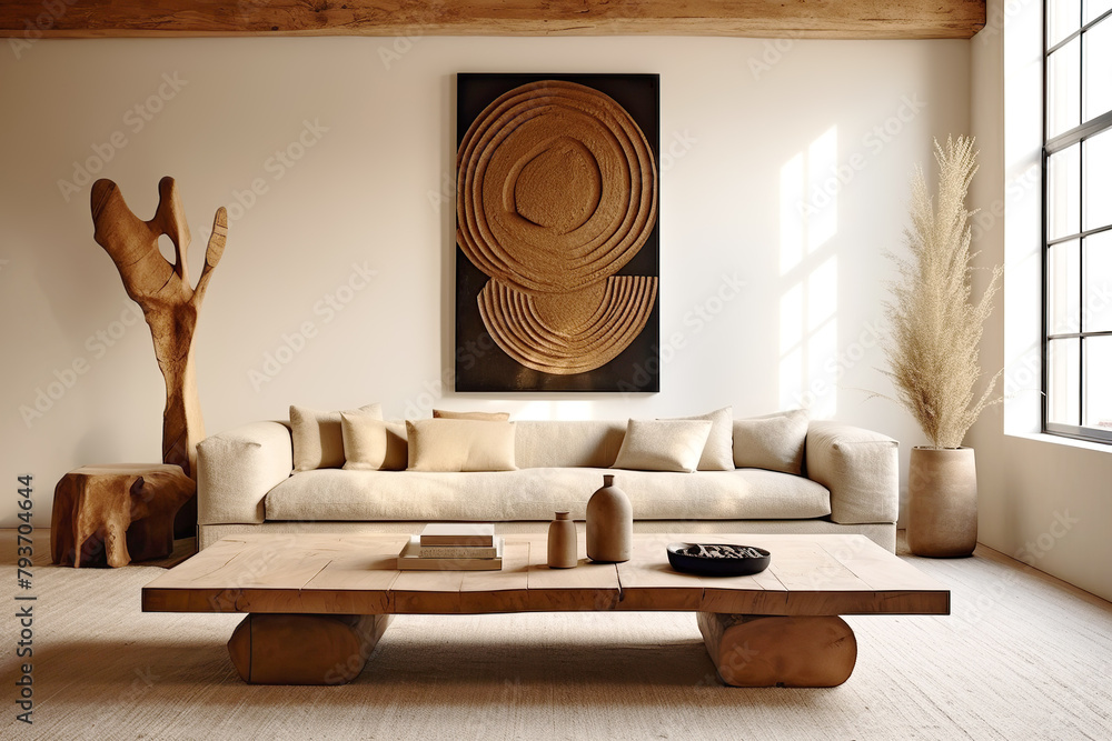 Natural wood rustic coffee table against beige sofa. Japandi interior ...