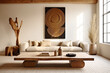 Natural wood rustic coffee table against beige sofa. Japandi interior design of modern living room, home.
