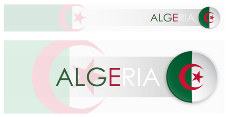 Wall Mural - Algeria flag horizontal web banner in modern neomorphism style. Webpage Algerian country header button for mobile application or internet site. Vector