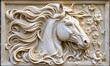white horse with a flowing mane and flying flower wood carving sculpture