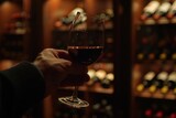 Fototapeta Zwierzęta - Close-up of a hand gently holding a red wine glass, set against a backdrop of a warmly illuminated wine cellar filled with numerous bottles.