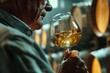 Close-up of an elderly man examining a glass of wine in a cellar surrounded by aging wooden barrels, capturing the essence of wine tasting and expertise.