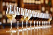 An elegant arrangement of wine glasses lined up, showcasing both red and white wines, with a blurred background of a wine rack. Perfect setting for tastings.