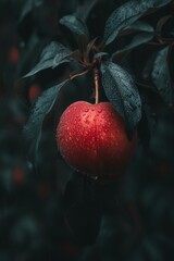 Wall Mural - Macro close up of fresh peach with dew drops hanging on tree, wide banner with copy space