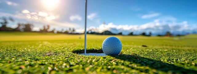 Wall Mural - a golf ball near the hole on green grass with a flag, blue sky in the background.