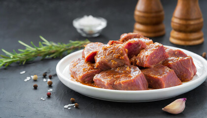 Wall Mural - Close-up of raw marinated pork in plate. Spicy marinade. Fresh meat pieces for BBQ.