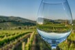 A stunning image showcasing a vineyard reflected in a wine glass, beautifully capturing the essence of wine country with clear skies and lush vines.