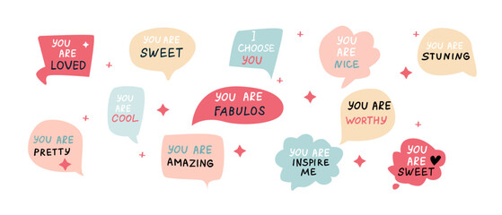 set of speech bubbles with compliment phrases, self love quotes. vector illustration can use for ban