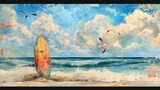 Fototapeta Big Ben - A playful beach scene featuring a colorful surfboard planted in the sand, with a scattering of seagulls taking flight against a backdrop of crashing waves and cotton candy clouds.