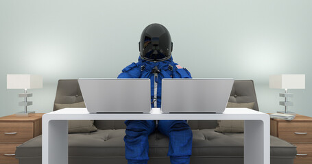 Wall Mural - astronaut in space suit working with laptop computers. writing code. space and technology related sc