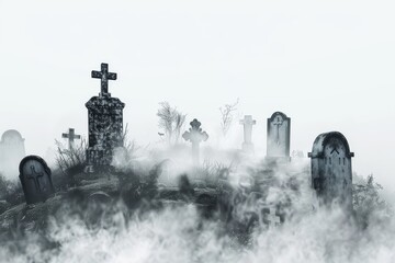 Wall Mural - Eerie graveyard scene with tombstones and fog against a transparent white background