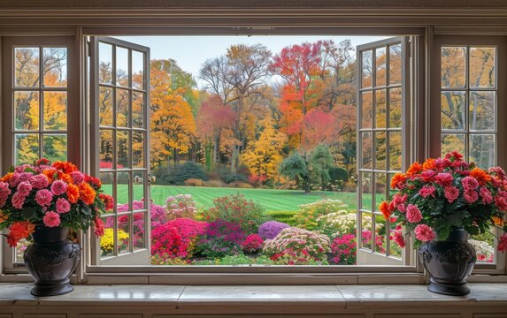 A window with two vases of flowers in front of a lush green field. The flowers are in full bloom and the view outside is serene and peaceful