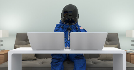 Wall Mural - astronaut in space suit working with laptop notebook computers. writing code. space and technology r