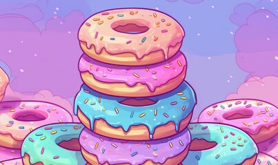 Wall Mural - Pile of colorful donuts with sprinkles on a bright backdrop, AI-generated