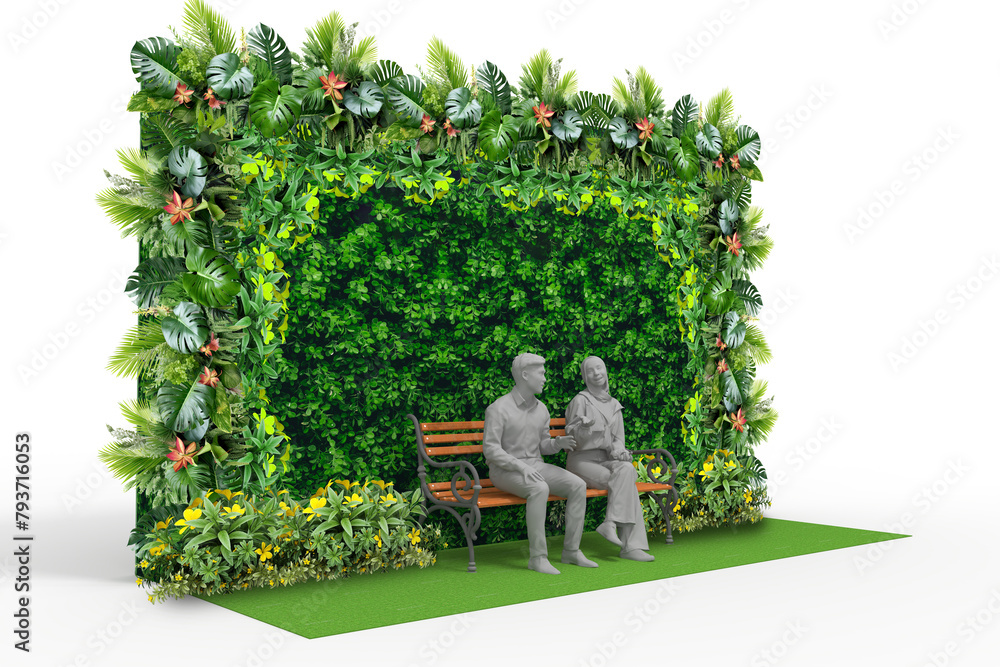 3d illustration backdrop photo vertical garden plants decoration blank space logo company with park bench and green carpet for event exhibition. Image background isolated.