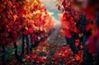 Captivating autumn scene showcasing vibrant red and golden leaves in a vineyard. Perfect background for seasonal themes and nature landscapes.