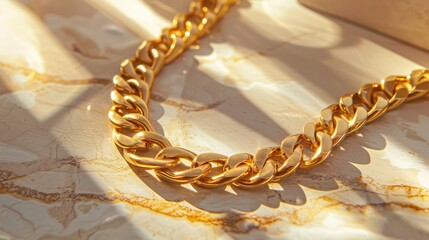 A luxurious 18k golden with stainless steel 316L cuban chain link necklace rests upon a background capturing the essence of wealth, style and elegance. Great as product design inspiration