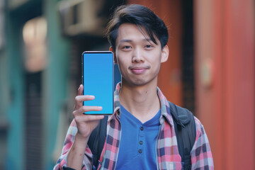 App mockup asian man in his 20s holding an smartphone with a completely blue screen