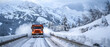 Snowplow removes snow from winding mountain road with snowy trees and blue sky in background.