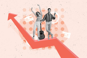 Canvas Print - Picture image collage young two partners dynamic arrow achieve goal aim dream improvement development acoustic guitar instrument musicians