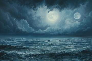 Sticker - Moonlit seascape with dark storm clouds on a transparent white backdrop, evoking a sense of mystery and adventure