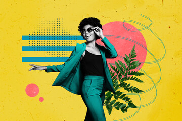 Wall Mural - Creative image picture happy joyful young woman sunglass flora environment party resort drawing background