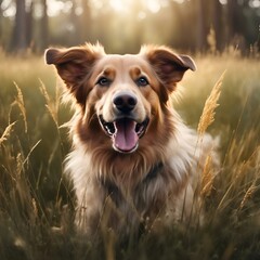 Wall Mural - Cute puppy playing in a field, AI-generated.