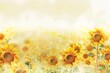 A field of yellow sunflowers with a white background. The sunflowers are in full bloom and are scattered throughout the field. Concept of warmth and happiness