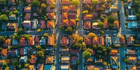 Poster - A view of a residential neighborhood with many houses and trees