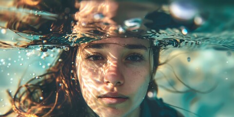 Sticker - A woman is in a pool with her hair wet