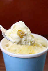 Wall Mural - Closeup of mouthwatering rum raisin ice cream on a spoon