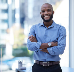 Poster - Black man, smile and portrait with arms crossed in office for job in startup with closeup for work. Entrepreneur, manager and happy in company with confidence for business with pride for management