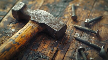 Well worn hammer lies next to nails on wooden surface