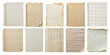 Set of various torn notebook pages. Assorted collection of paper sheets with grid and lined patterns, some with spiral bindings, displaying aged and worn textures.