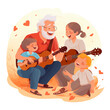 Grandfather plays music on guitar for kids, grandchildren. Happy old grandpa sings song with children at home. Senior, young generations. Flat graphic vector illustration isolated on white background